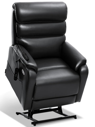 EONIX Dual Motor Lay Flat Power Lift Recliner Chair for Elderly, Faux Leather Electric Lift Chairs for Adults, 400lbs Heavy Duty Power Recliner with Heat Massage Charging Ports, SLRY003, Black