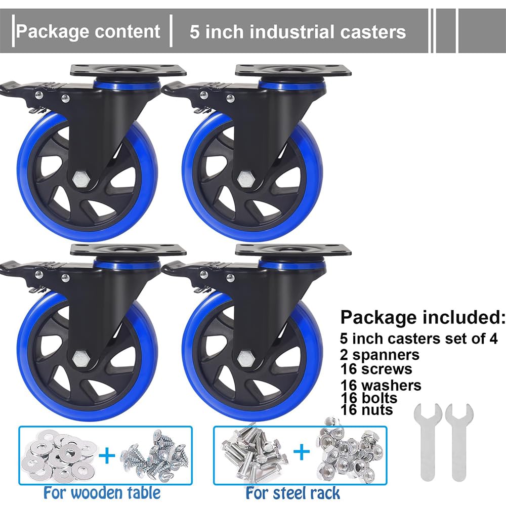 5 Inch Caster Wheels, Casters Set of 4 Heavy Duty with Brake, Safety Dual Locking Casters, No Noise Wheels with Polyurethane Foam, Load 2400LBS (Two Hardware Kits Included)