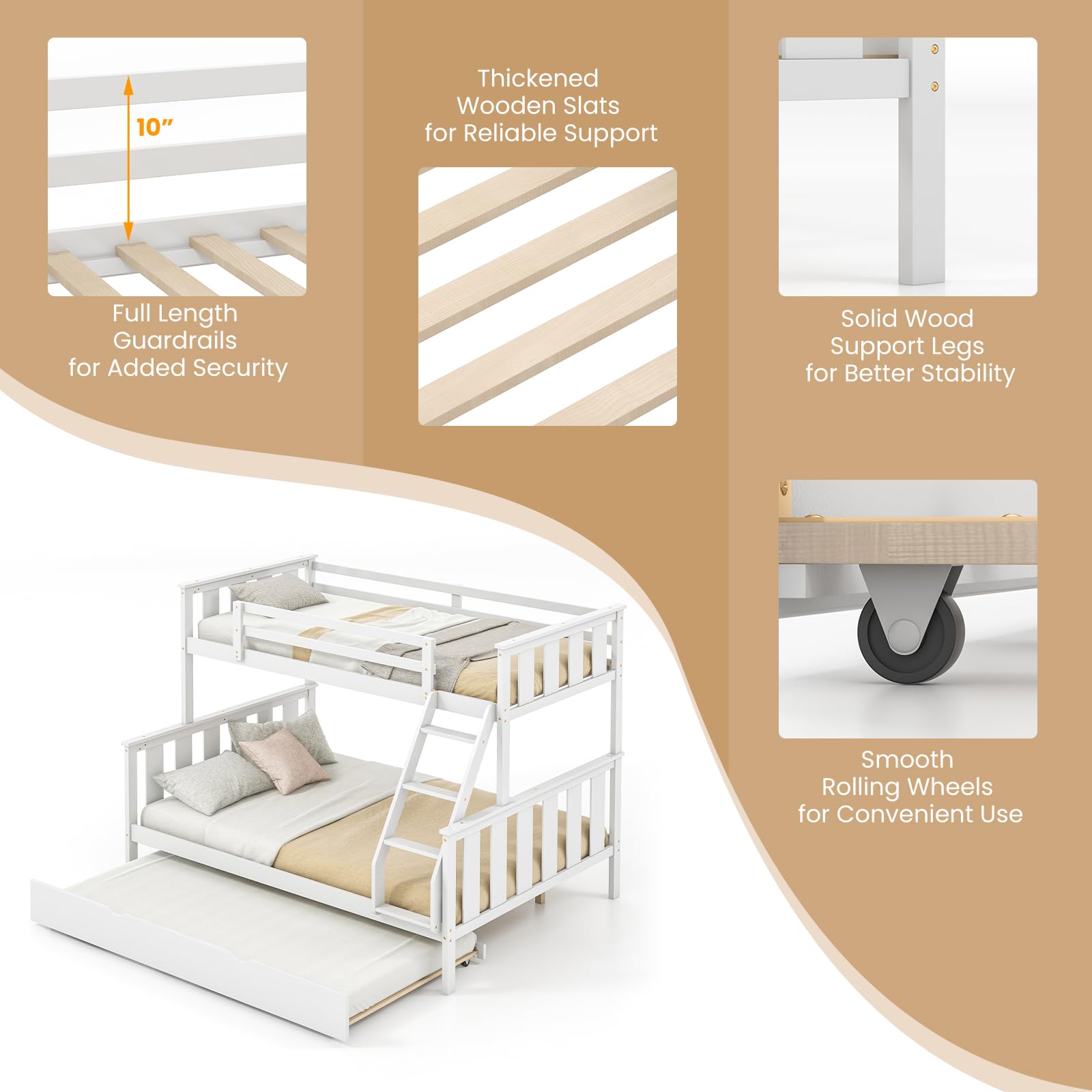 Giantex 3-in-1 Convertible Twin Over Full Bunk Bed with Trundle - Solid Wood, Reversible Ladder & Safety Guardrails - White - WoodArtSupply