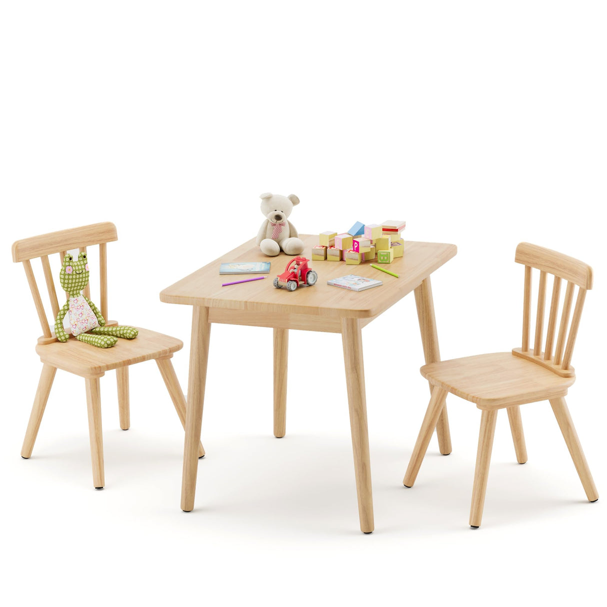 Curipeer Windsor Kids Table and 2 Chair Set, Rubberwood Toddler Table and Chair Set for Art, Play, Craft, Activity, Children Table with Non-Slip Legs/Round Edge Design, Natural Wood Curipeer