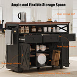 46.5'' Farmhouse Kitchen Island with Drape of Beads, Power Outlet, Rolling Kitchen Cart on Wheels with Drop Leaf, 3 Doors , 3 Drawers and Internal Iron Shelf, for Kitchen, Dining Room, Black HomeGearTech