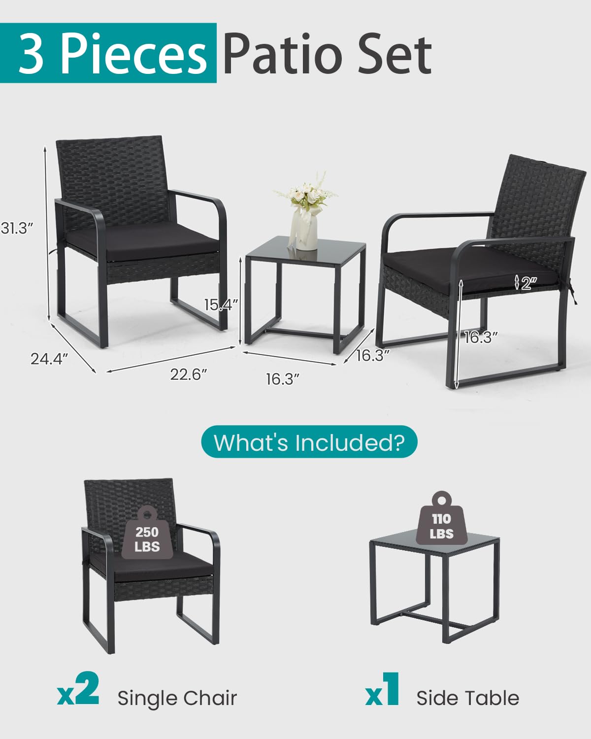 Bezseller 3 Piece Outdoor Patio Furniture Set, Patio Bistro Set Wicker Conversation Set, Modern Rattan Chair with Glass Coffee Table for Backyard, Porches, Poolside, Lawn and Balcony Bezseller