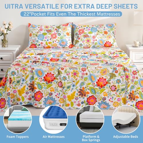 Bedlifes King Size Extra Deep Pocket Sheet Sets - Fits Mattresses Up to 18-24" Thick, 4-Piece Microfiber Set with 1800 Thread Count, Soft, Smooth, Breathable, Featuring Floral Spring Design Bedlifes