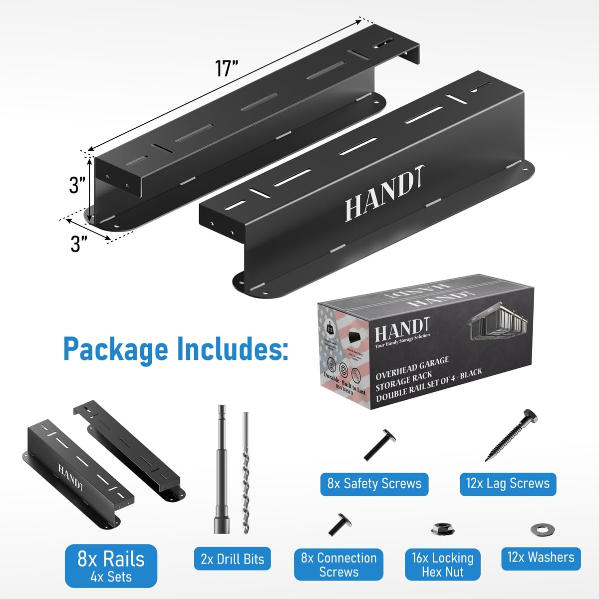 HANDT Overhead Garage Storage Rack, Connectable Heavy Duty Metal Ceiling Rails For Garage Storage Organization Shelving System, Hanging Racks For Tote Containers, Supports Up To 6 Bins, 4 Sets Black HANDT