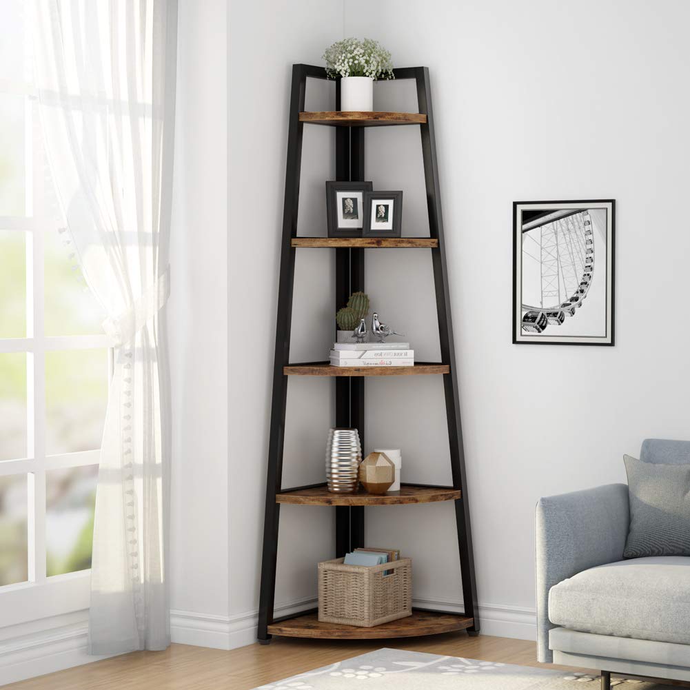 Tribesigns 70-Inch Rustic 5-Tier Corner Shelf - Industrial Ladder Bookshelf and Plant Stand for Home and Office - WoodArtSupply