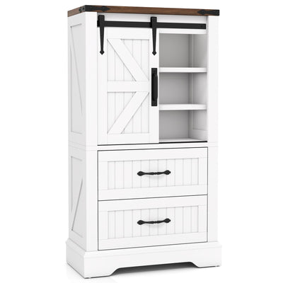 LOKO Farmhouse Bathroom Floor Cabinet, Freestanding Storage Cabinet with Sliding Barn Door, Adjustable Shelves & 2 Storage Drawers, Wooden Storage Organizer for Living Room, Entryway, Kitchen, White &