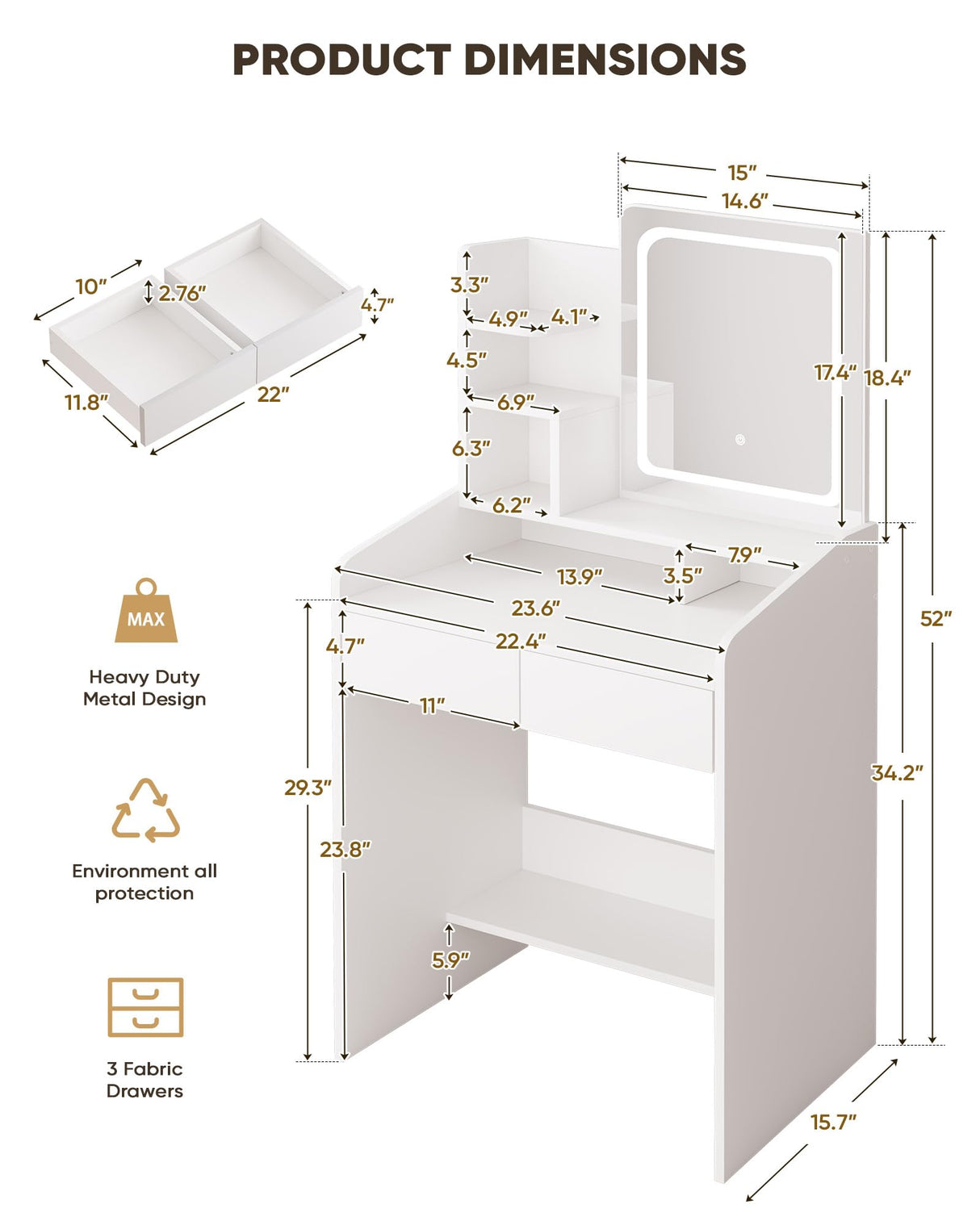 LIVELYGLOW Small Vanity Desk Set with Square Mirror and Light- Vanity Desk with Drawer- White LIVELYGLOW