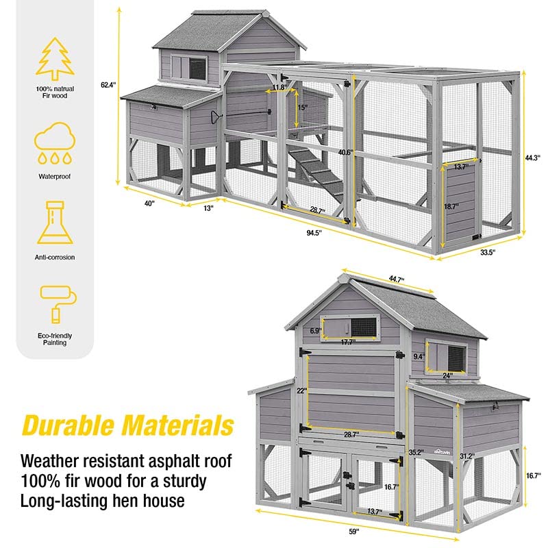 Aivituvin Chicken Coop for 10 Chickens Large Chicken House with Two Nesting Boxes Outdoor Hen House Wooden Poultry Cage with Run 55ft² - WoodArtSupply