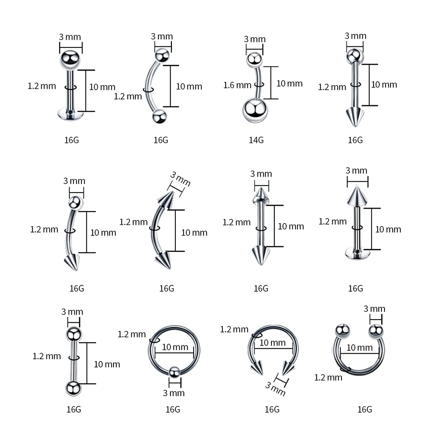 A-minusone 84 PCS Body Septum Piercing Kit 14G 16G Tools for Nose Tongue Lip Ear Eyebrow Belly Button Cartilage Tragus Industrial Barbell Helix Daith Piercing Jewelry Clamps