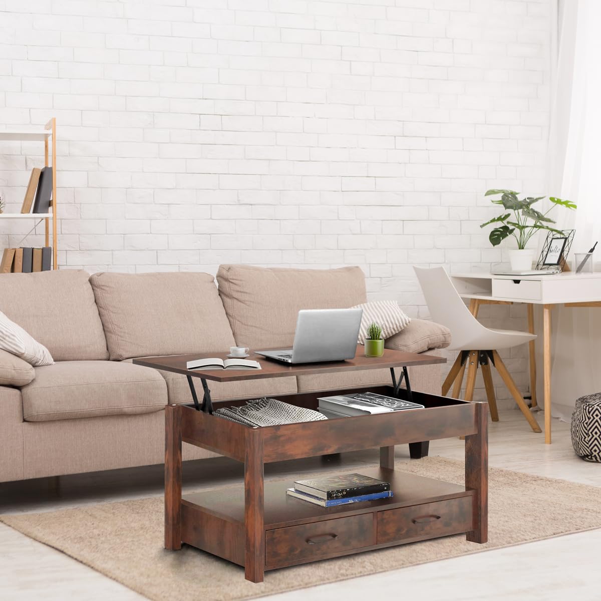 Lift Top Coffee Table with Hidden Compartment & 2 Storage Shelves - Living Room Dining Table with Rising Tabletop Lifttop Desk for Apartment, Home, Condo - Rustic Brown Lifetime Home