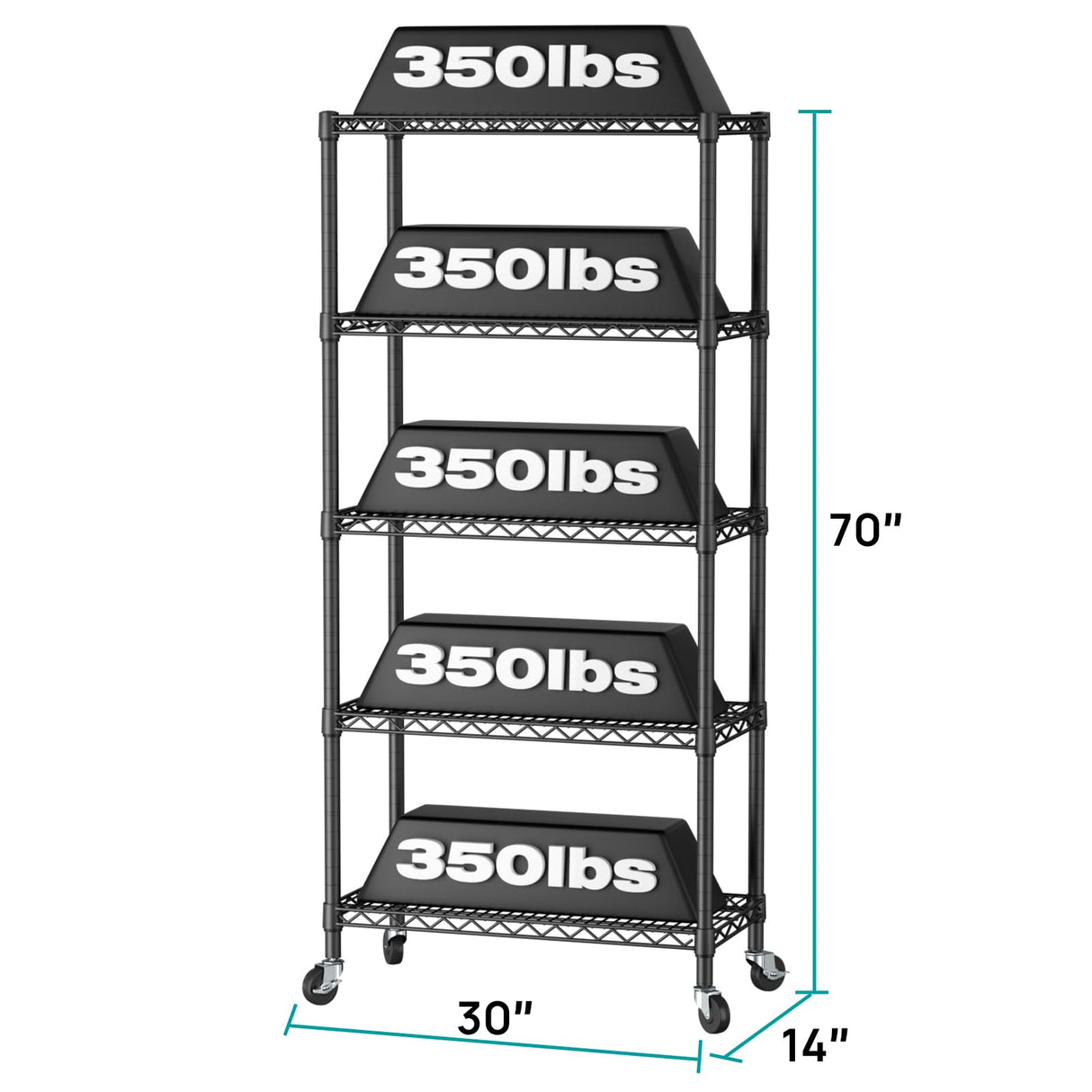 SINGAYE 5 Shelf Adjustable Heavy Duty Storage Shelving Unit with Wheels Steel Organizer Wire Rack Shelves Bathroom Organizers and Shelf Wire Closet Metal Pantry Kitchen Garage 14" DX30 WX70 H Black SINGAYE