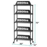 SINGAYE 5 Shelf Adjustable Heavy Duty Storage Shelving Unit with Wheels Steel Organizer Wire Rack Shelves Bathroom Organizers and Shelf Wire Closet Metal Pantry Kitchen Garage 14" DX30 WX70 H Black SINGAYE