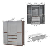 GraceGrove 4-Door Wooden Gray Armoire Wardrobe Closet with 3 Drawers for Bedroom Storage Wardrobe Closet Wood with Hanging Rod with Large Storage Wardrobe with Drawers 63" L x 20.3" W x 72" H GraceGrove