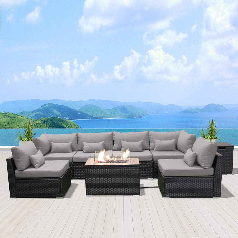 Dineli Sectional Sofa with Gas/Propane Fire Pit Table Outdoor Patio Furniture Sets (Light Gray-Rectangular Table) Dineli
