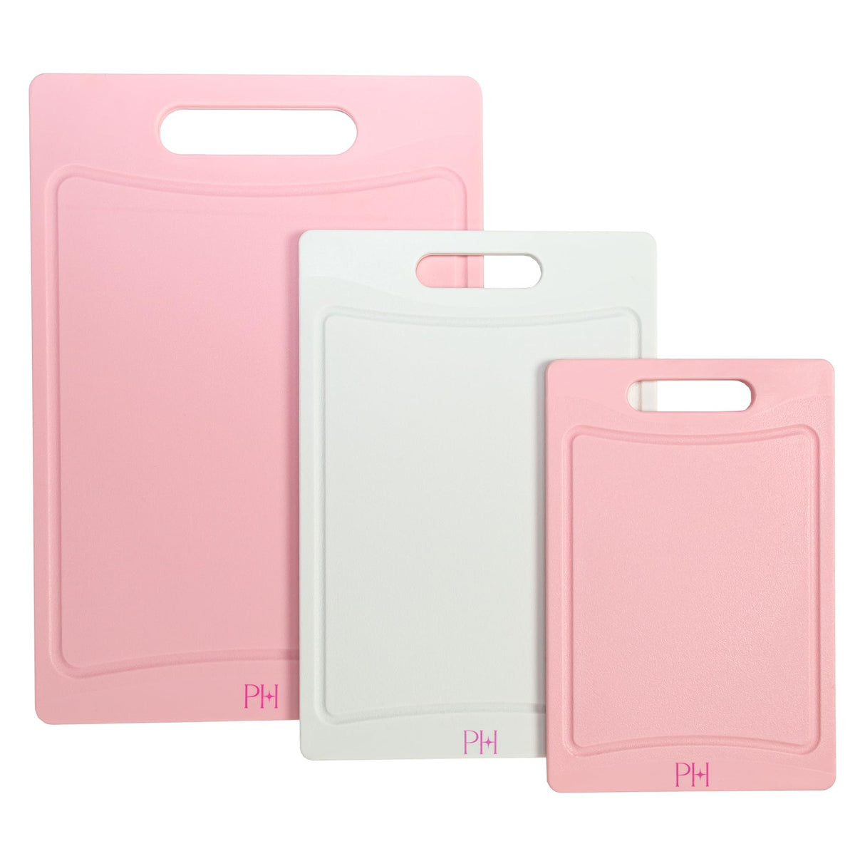 Paris Hilton Cutting Boards, Dual-Sided Cutting Board Set with Built-in Juice Grooves, Easy-Grip Handles, Heavy-Duty Plastic Made without BPA, Dishwasher Safe, 3-Piece Set, Pink and Cream Paris Hilton
