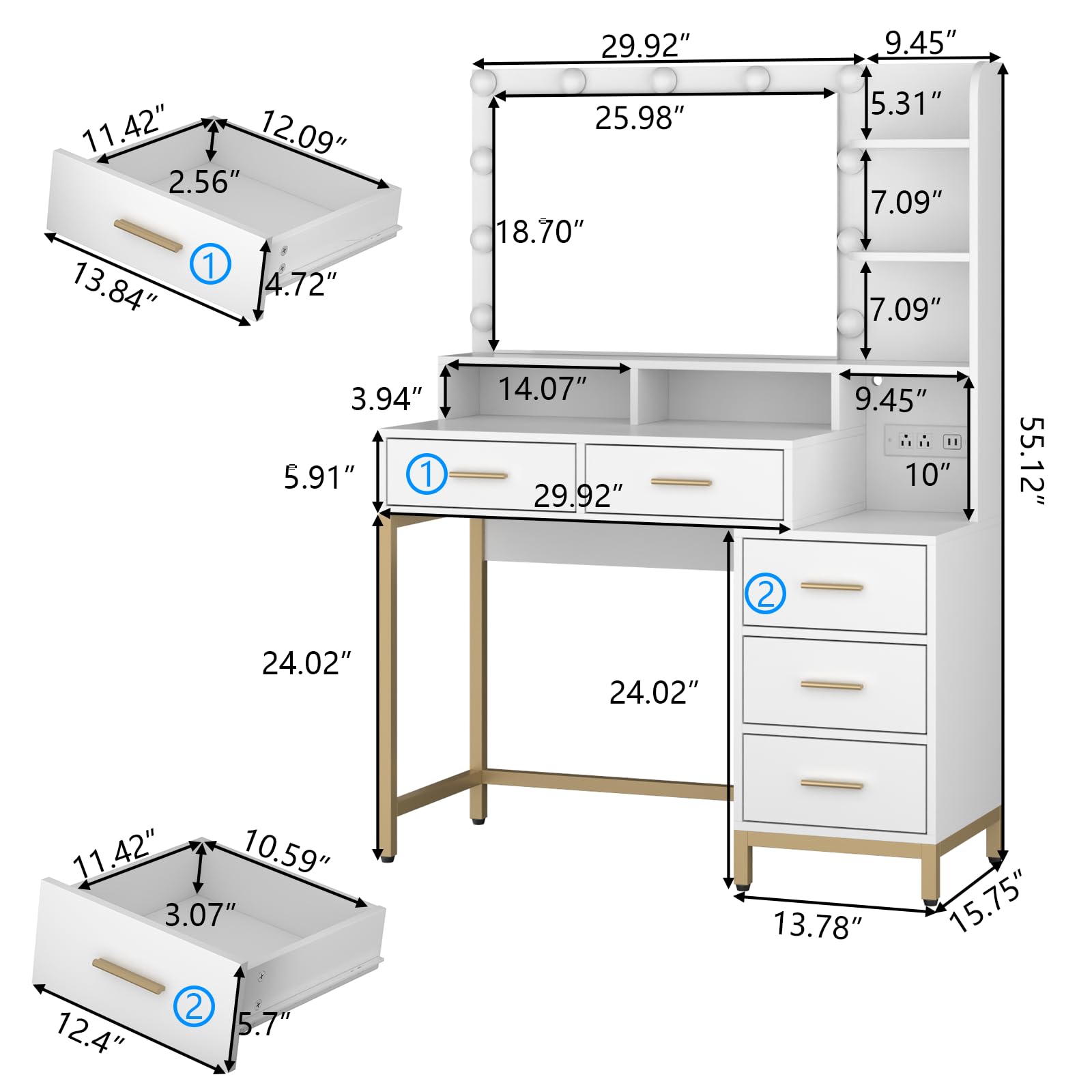 Loomie Vanity Desk with Lighted Mirror & Power Outlet, Makeup Table with 5 Drawers, Two Cubby & Shelf, Vanity Dresser with 11 Lights in 3 Lighting Colors for Bathroom, Bedroom,Makeup Room,Whi - WoodArtSupply