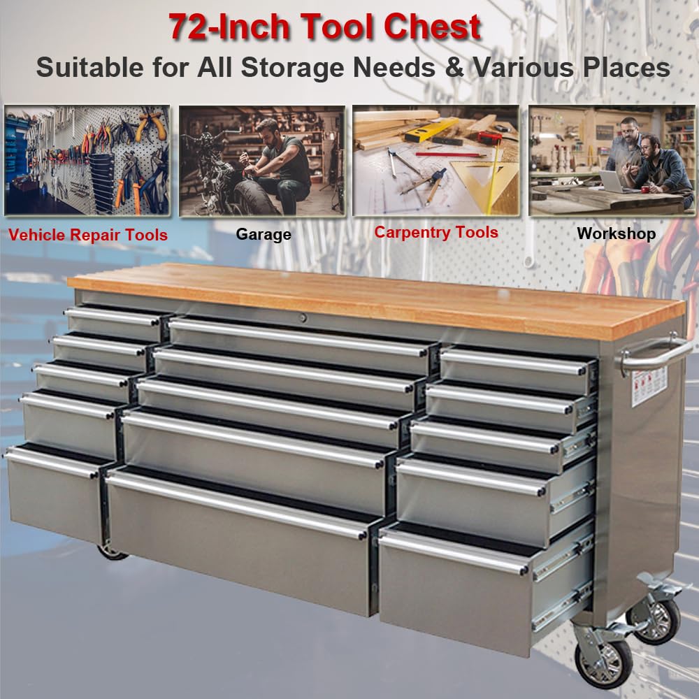 UYRIE 72-inch Stainless steel Rolling Tool Chest with 15 Drawers, Mobile Workbench, Assembled Large Tool Box Lockable Storage Cabinet with Wheels for Garage Workshop (72'' w/15 drawers) - WoodArtSupply