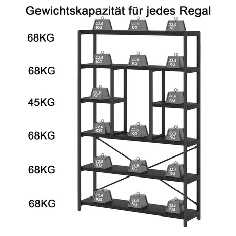 LVB 6 Tier Tall Black Bookshelf, Modern Large Wide Book Rack Storage, Industrial Wood Metal Etagere 6 Shelf Bookcase, Farmhouse Open Display Book Shelf Organizer for Bedroom Living Room Office, Black LVB