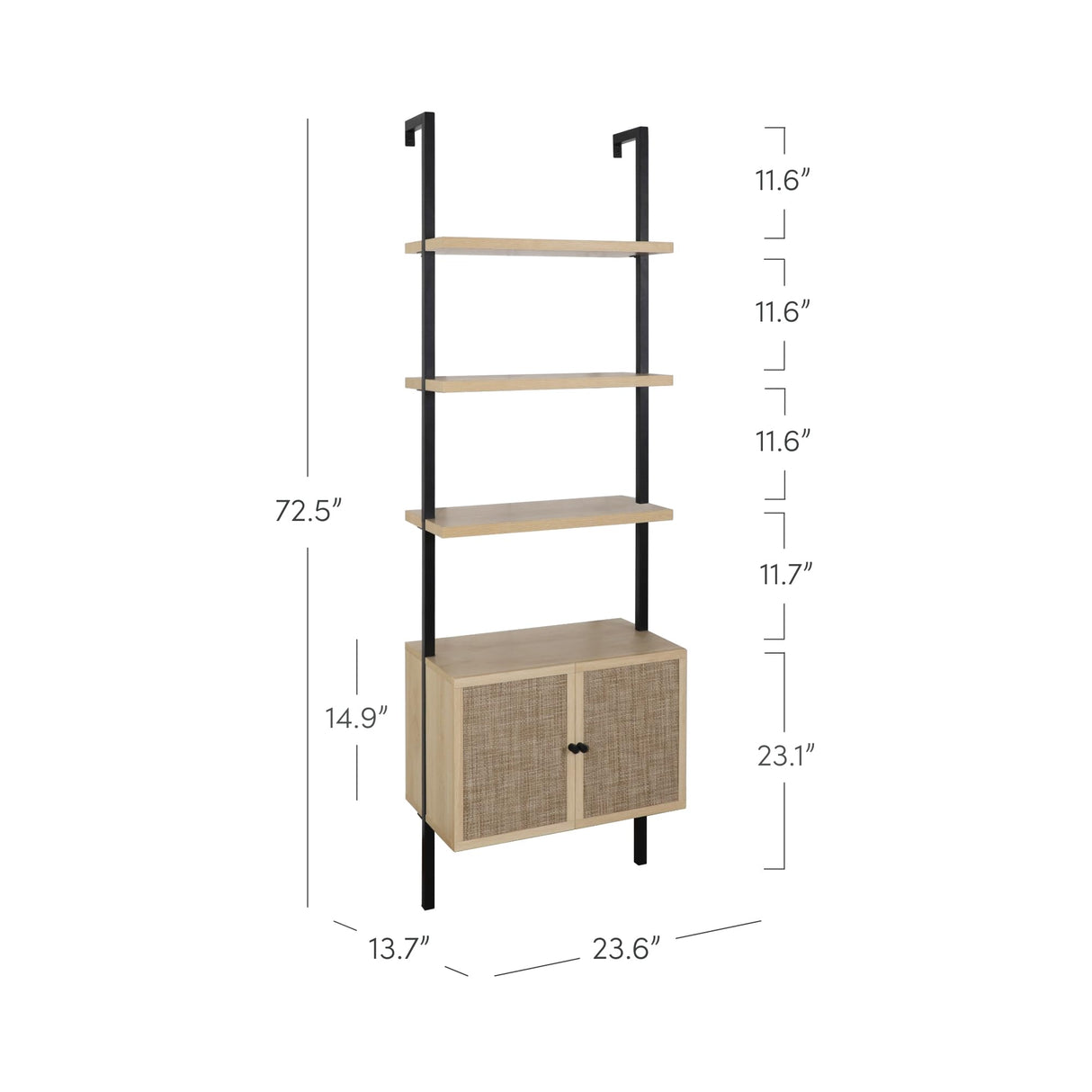 Nathan James Theo Ladder 3 tier Open Bookshelf with Rattan Drawers and Matte Steel Frame, Light Oak/Black Nathan James
