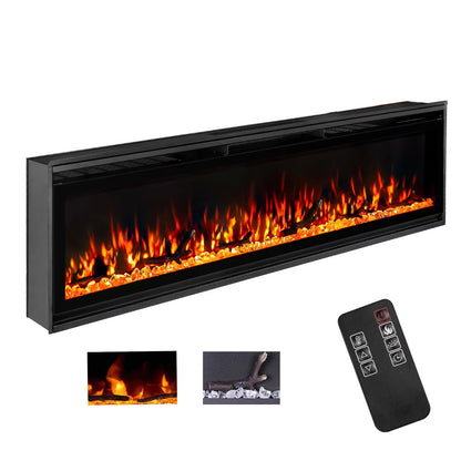 TUAN 60 inch Electric Fireplace Inserts, Ultra Thin Wall Mounted Fireplace with Remote Control, Multicolor Realistic Flame, Touch Screen, Thermostat, Timer, 750w/1500w (Log & Crystal Included) (60")