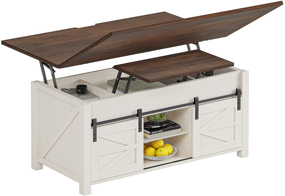 UPOSOJA Lift Top Coffee Table for Living Room with 4 Sliding Barn Doors, 4 in 1 Farmhouse Coffee Table with Adjustable Shelves and Hidden Storage Compartment, Converts to Dining Table (Brown White) UPOSOJA