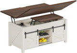 UPOSOJA Lift Top Coffee Table for Living Room with 4 Sliding Barn Doors, 4 in 1 Farmhouse Coffee Table with Adjustable Shelves and Hidden Storage Compartment, Converts to Dining Table (Brown White) UPOSOJA