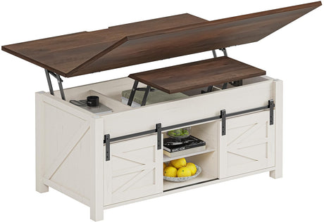 UPOSOJA Lift Top Coffee Table for Living Room with 4 Sliding Barn Doors, 4 in 1 Farmhouse Coffee Table with Adjustable Shelves and Hidden Storage Compartment, Converts to Dining Table (Brown White) UPOSOJA