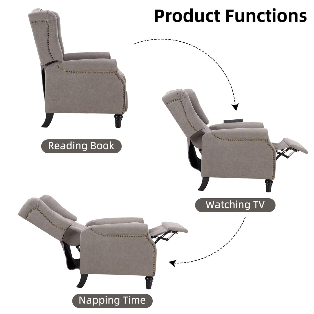 CANMOV Push Back Recliner Chair, Accent Chair,Mid Century Wingback Recliner, Fabric Push Back Recliner Chair Single Armchair Sofa with Rivet Decoration,Button-Tufted Back for Living Room, Grey CANMOV