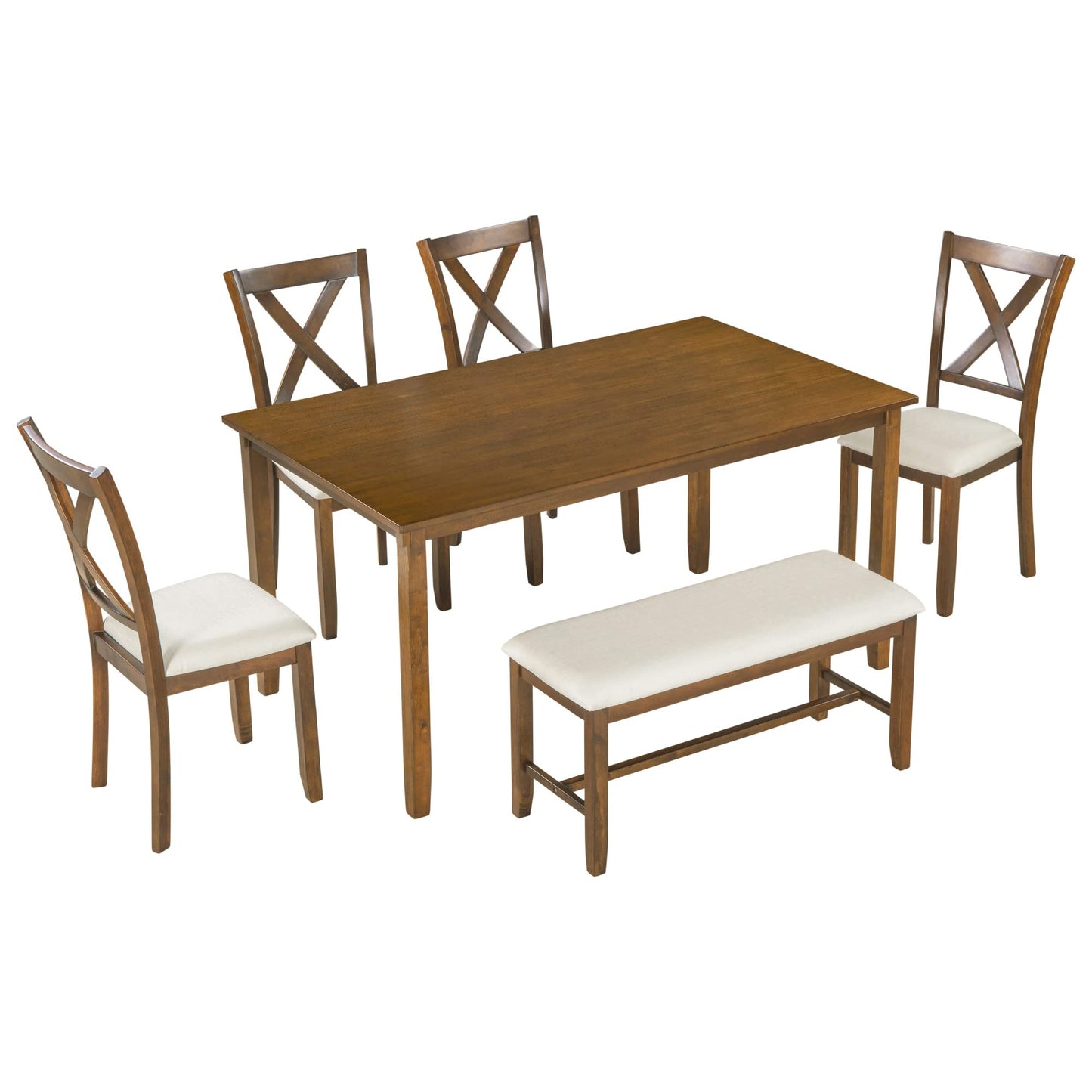 Merax 6-Piece Wooden Kitchen Dining Table Set with 4 Fabric Chairs and Bench, Family Furniture, Natural Cherry - WoodArtSupply