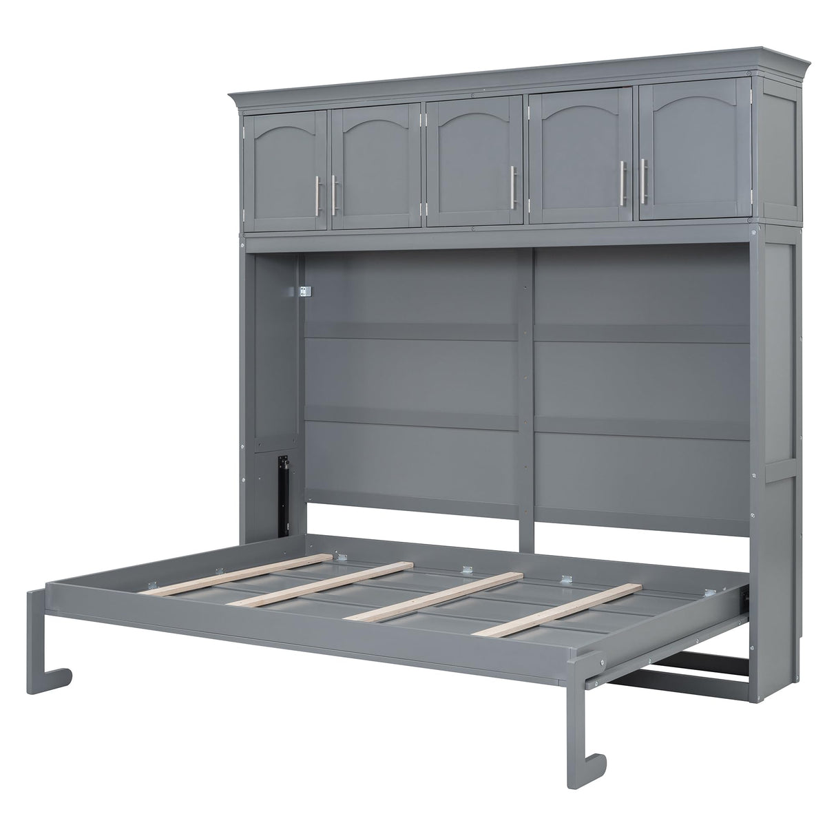 Merax Modern Farmhouse Solid Wood Murphy Cabinet Bed with Top Cabinets, Tall Wall Platform Bed No Box Spring Needed/Easy Assemble Queen,Gray Merax