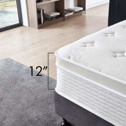 King Size Mattress - 12 Inch Cool Memory Foam & Spring Hybrid Mattress with Breathable Cover - Comfort Plush Euro Pillow Top - Rolled in a Box - Oliver & Smith