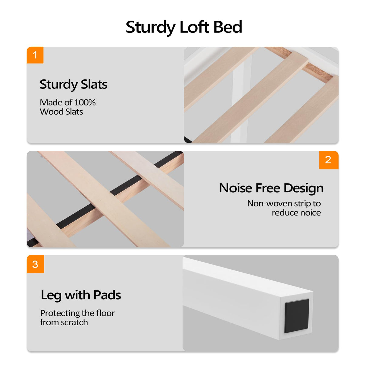 VINGLI White Low Loft Bed with Stairs for Kids and Teens – Full Size, Solid Pine Wood, Space-Saving Design VINGLI