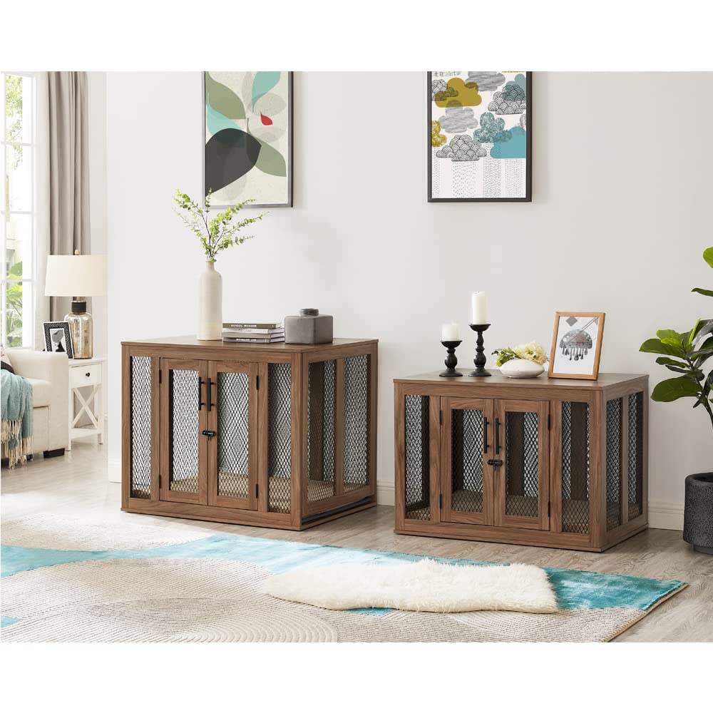 unipaws Furniture Dog Crate with Tray for Medium Dogs, Indoor Aesthetic Puppy Kennel Pet House Dog Cage with Door, Modern Decorative Wood Pretty Cute Fancy End Side Table Nightstand, Walmut - WoodArtSupply