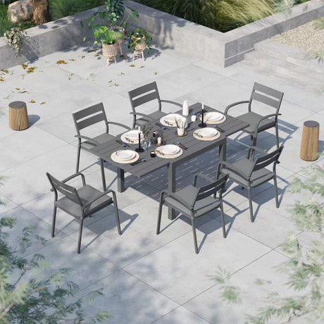 Soleil Jardin 7-Piece Outdoor Patio Dining Set, 35" - 71" Aluminum Expandable Outdoor Dining Table Set for 6, 6 Stackable Chairs with Gray Removable Cushions, Dark-Grey Soleil Jardin