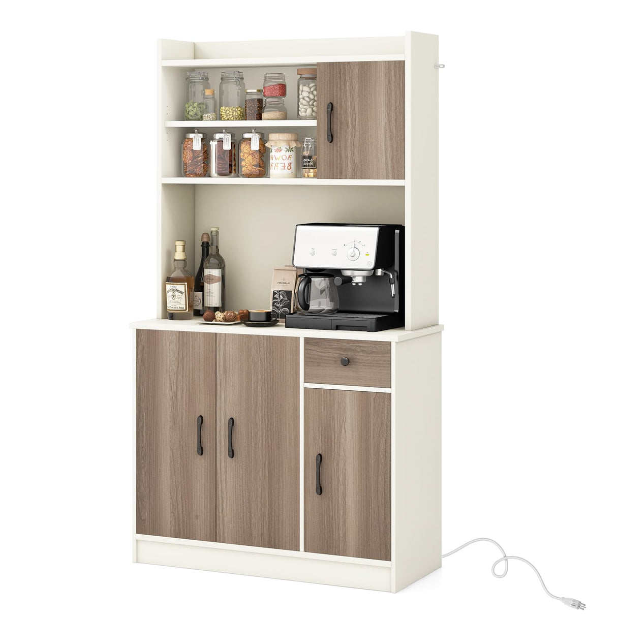 COSTWAY Kitchen Pantry Storage Cabinet, 71" Freestanding Tall Hutch Cabinet with Charging Station, Microwave Stand, Adjustable Shelves, Modern Buffet Cabinet with Hutch for Dining Room, Kitchen, White COSTWAY