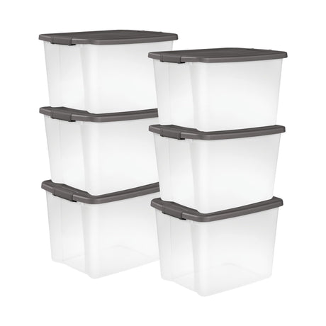 Sterilite 6-Pack ShelfTote, Clear Plastic Storage Bins with Lids, 50 Quart, Gray - Stackable Organizing Container Boxes for Closet, Bathroom, and Office Sterilite