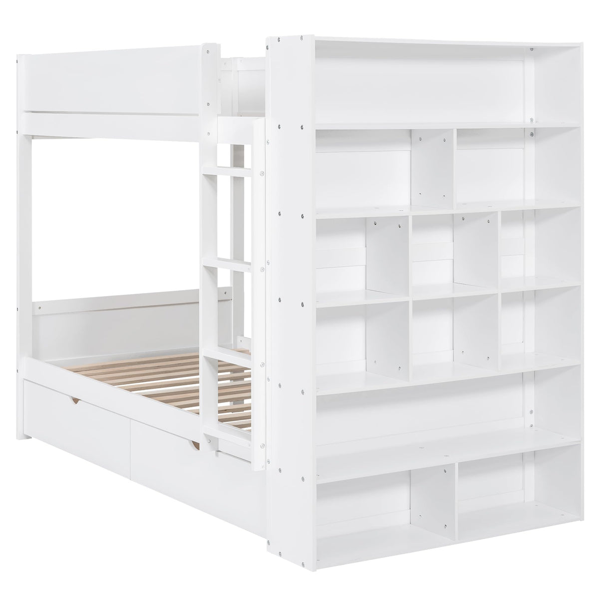Twin Over Twin Bunk Bed with Bookcase, Wood Bunk Bed Frame with 2 Drawers and Multi-Layer Cabinet Storage Shelves, Bed with High Guardrails for Kids Teens(White, Twin) THINK 30