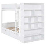 Twin Over Twin Bunk Bed with Bookcase, Wood Bunk Bed Frame with 2 Drawers and Multi-Layer Cabinet Storage Shelves, Bed with High Guardrails for Kids Teens(White, Twin) THINK 30