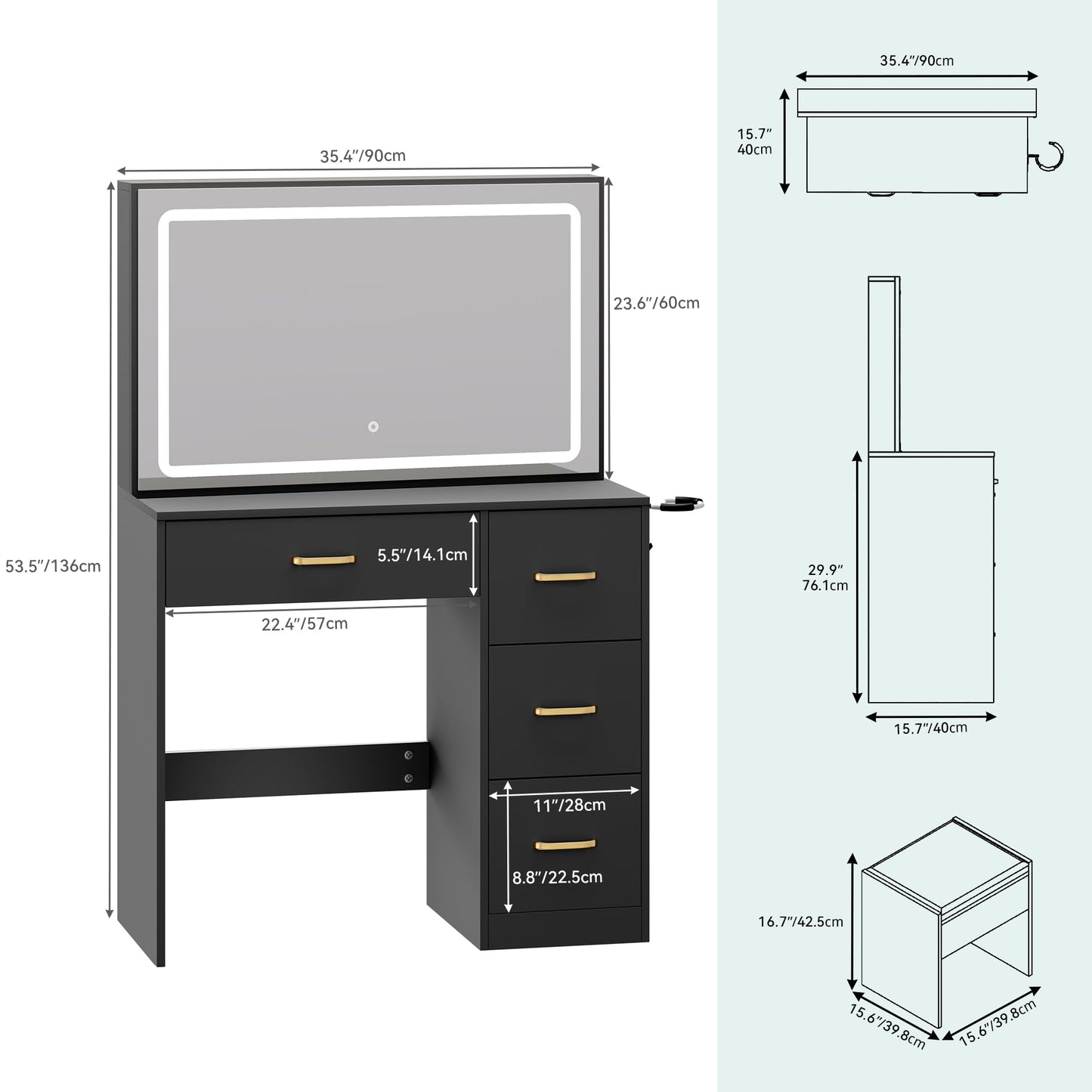 YITAHOME Vanity Desk with Large 35" Mirror and LED Lights, Makeup Vanity Set with 4 Drawers and a Power Strip, Vanity Chair, Dressing Table with Ample Storage, Bedroom Furniture for Women, Coal Black