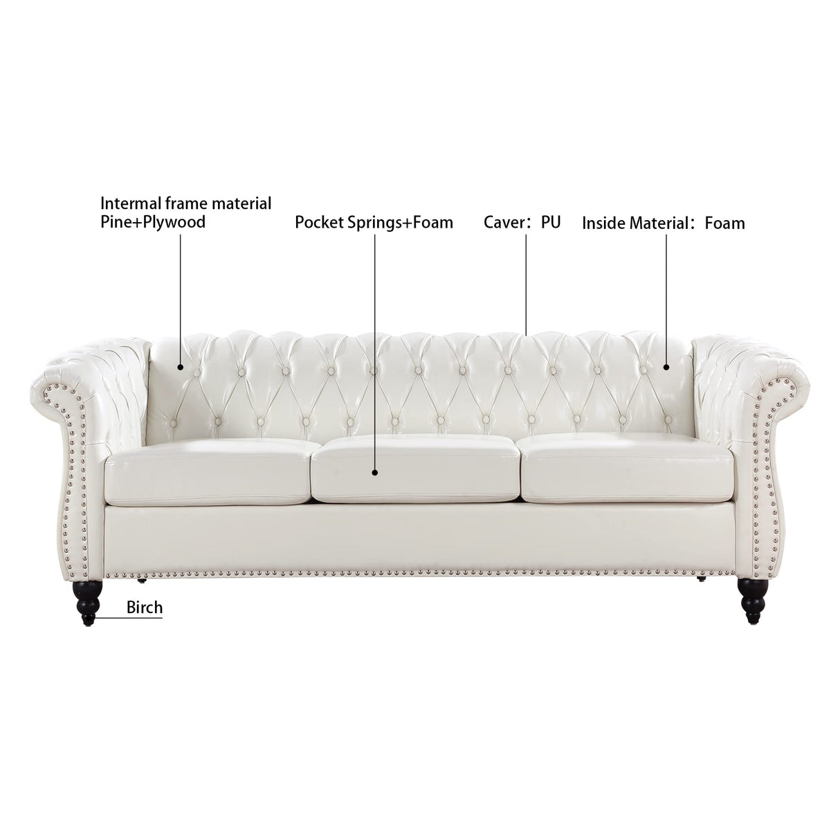 Ball & Cast 84" Chesterfield Leather Sofa with Channel Tufted Seat Back,Classic 3 Seater Couch w/Roll Arm Nailhead Trim and Upholstered,Mid Century Furniture for Living Room,Bedroom,Office,White PU Ball & Cast