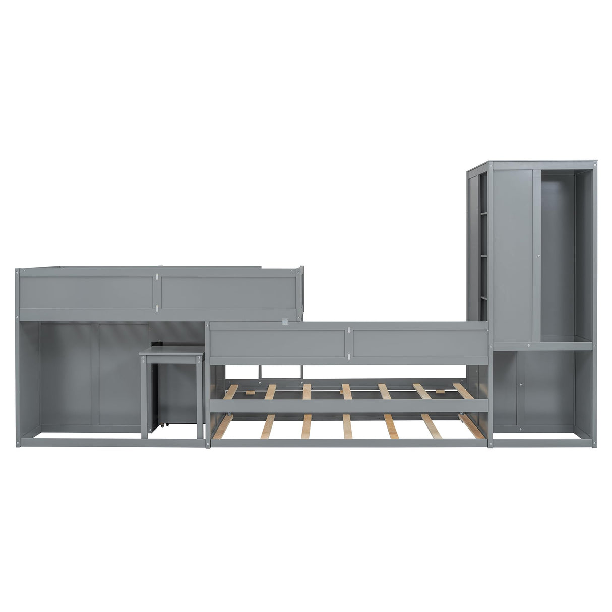 YOPTO Twin Size Bunk Bed with Trundle,Wardrobe,Desk,2 Cabinets and 5 Drawers,Multifunctional Wood Bed Frame W/Integrated Ladder,Safety Guardrails & Slats Support,Easy Assembly,for Kids,Teens,Gray YOPTO