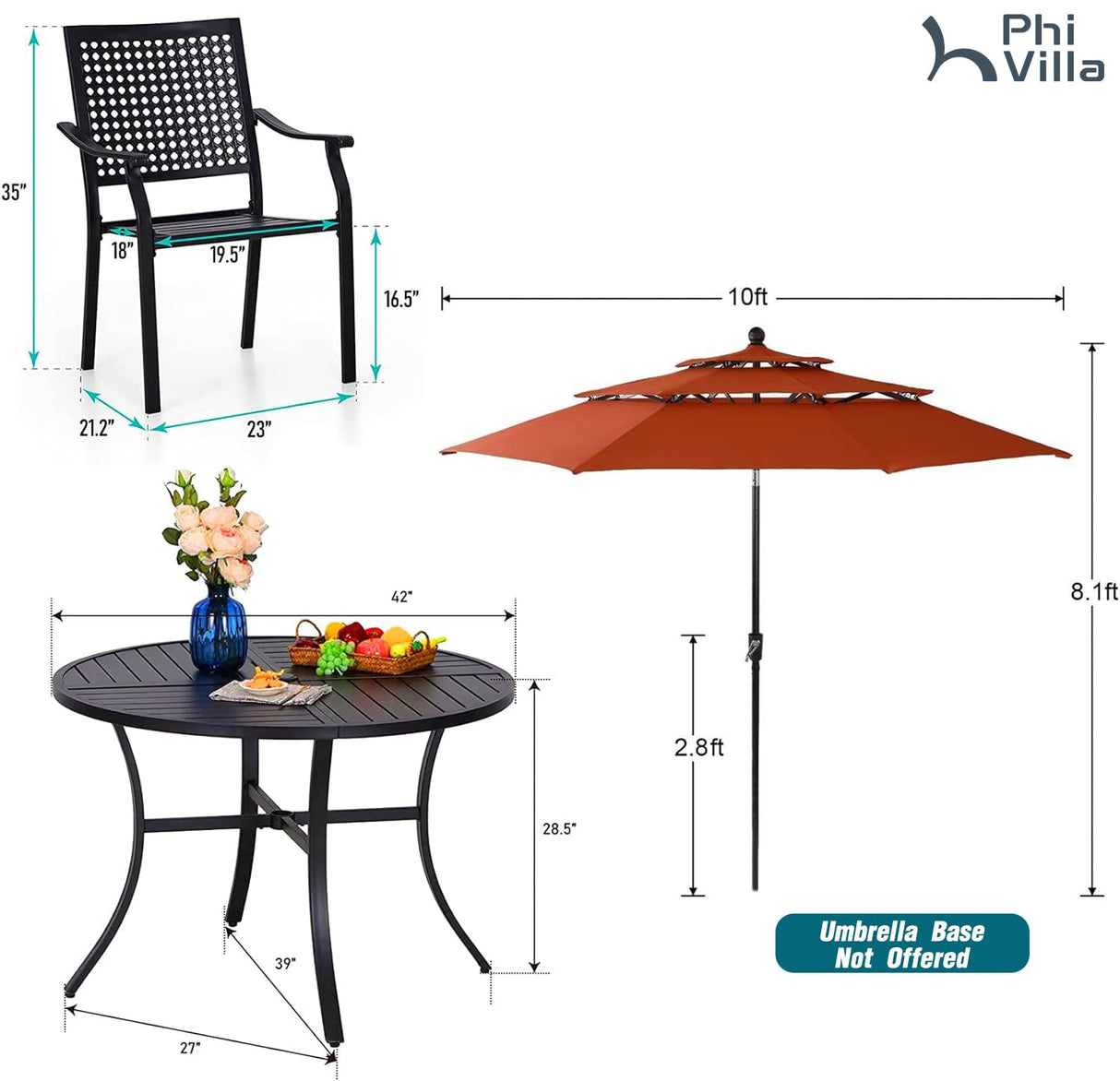 PHI VILLA 5 Pieces Patio Dining Set with 10ft Patio Umbrella, Metal Patio Circle Table Outdoor Stackable Wrought Iron Chair Set of 4 & 42" Large Round Dining Table,3 Tier Vented Orange Red Umbrella PHI VILLA