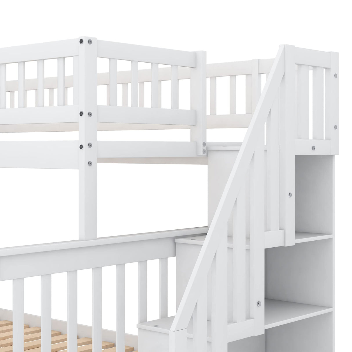 CITYLIGHT White Twin Over Full Bunk Bed with Trundle and Storage Stairway CITYLIGHT