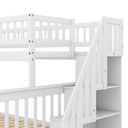 CITYLIGHT White Twin Over Full Bunk Bed with Trundle and Storage Stairway - WoodArtSupply