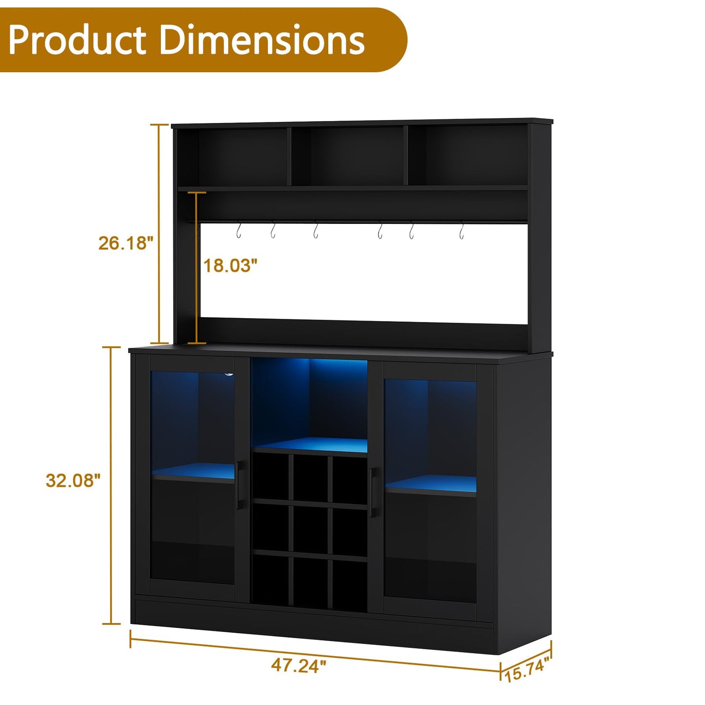 GarveeHome Coffee Bar Cabinet Wine Bar Cabinet with Power Outlet, 6 Hooks,9 Wink Racks and Adjustable Shelf, Liquor Cabinet Bar with LED Light, Buffet Sideboard with Storage Shelf for Kitchen - WoodArtSupply