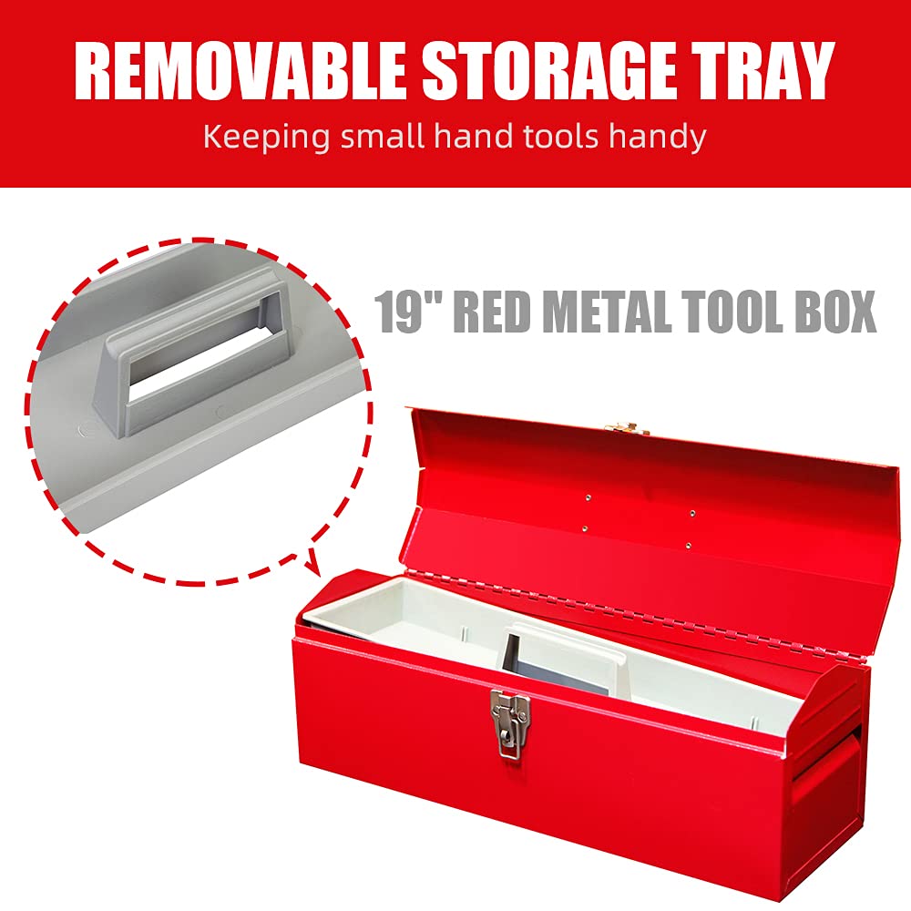 HPDMC Red Hip Roof Style Portable Steel Tool Box with Metal Latch Closure and Removable Storage Tray, 19.1" L x 6.1" W x 6.5" H HPDMC