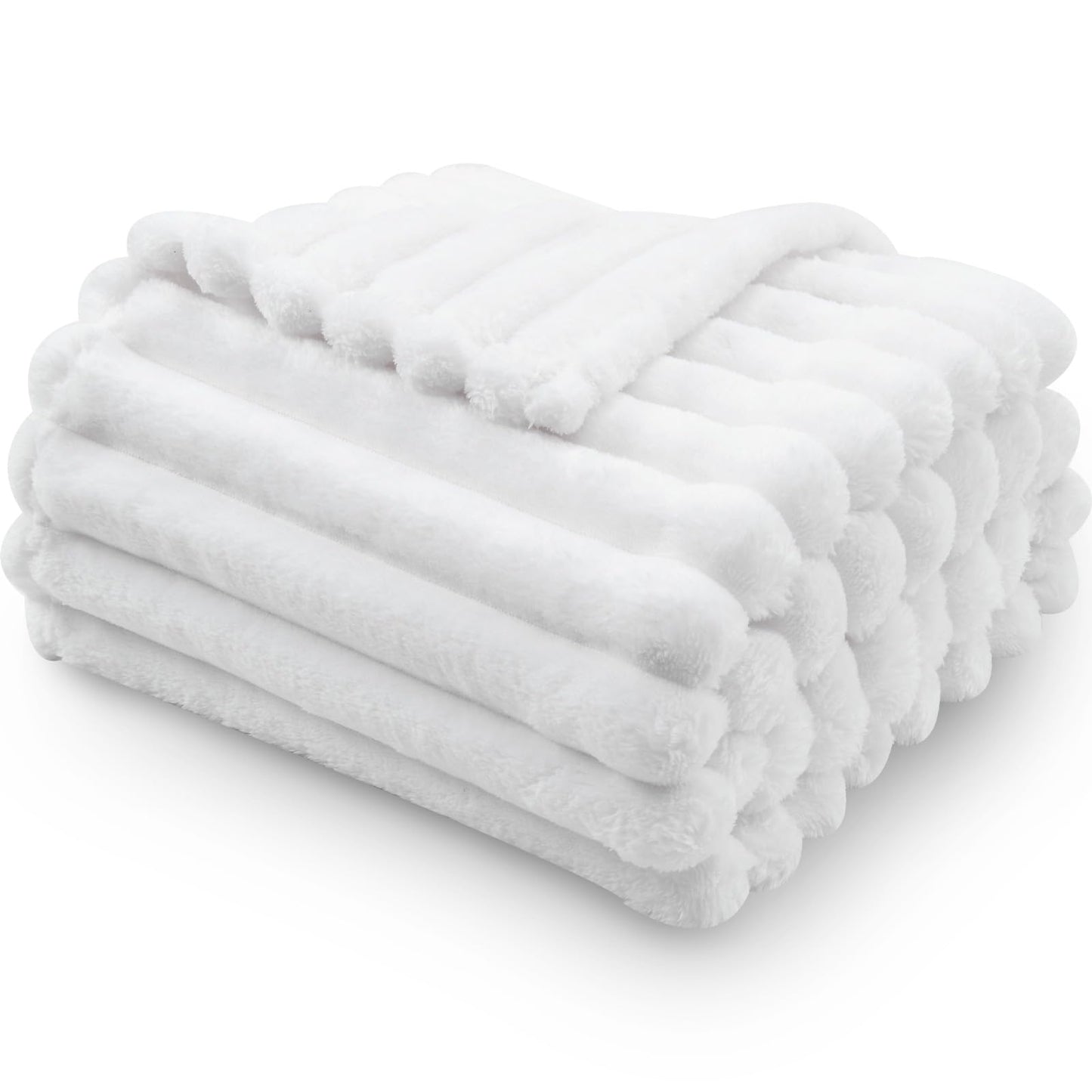 NEWCOSPLAY Super Soft Throw Blanket White Premium Silky Flannel Fleece 3D Ribbed Jacquard Lightweight Bed Blanket All Season Use (White Ribbed, Throw(50"x60"))