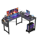 L-Shaped Wooden PC Desk for Gaming and Work - 50 Inch Writing Space-Saving Corner Table with CPU Storage Shelf, Side Bag, Home, Office, Black HOMEE