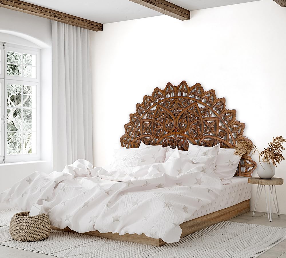 Half Moon King Wood Headboard Rustic | Carved Full Headboard Only | Wooden Headboard Full Size Bed | Wall Mount Headboard King | Full Bed Headboard Panels (Mahkota Dark Brown, Cal King) - WoodArtSupply