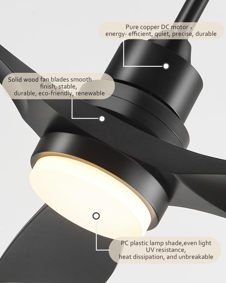 Forrovenco 72 Inch Ceiling Fans with Lights Remote Control, Black Ceiling Fan Light with 3 Downrods, 3 Wood Blades, ETL Listed, Timer, 6 Speed Quiet Reversible DC Motor Outdoor Fans for Patios Bedroom Forrovenco
